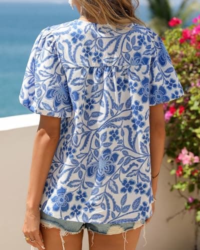 KIRUNDO Boho Tops for Women Summer 2026 Dressy Floral Blouse V Neck Drawstring Short Sleeve Shirts Beach Vacation Clothes(White Blue Flower, Small) - Thumbnail 3