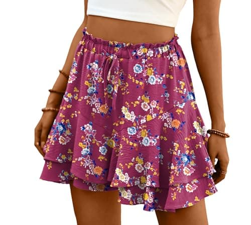 Lepunuo Flowy Shorts for Women Casual Boho Ruffle Tiered Skorts High Waist Mini Skirts Golf Tennis Shorts Floral Purple - Image 1