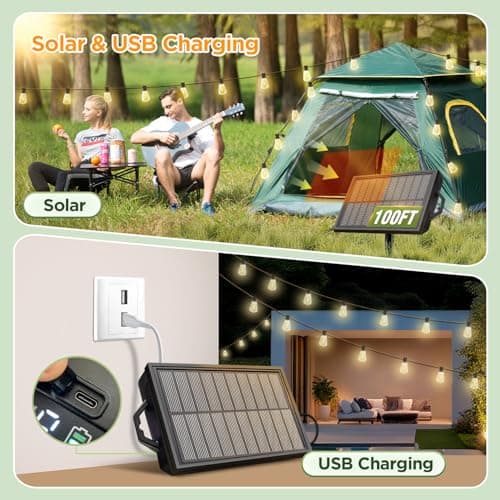 100FT Solar String Lights Outdoor Waterproof with Remote & Timer, LED Shatterproof ST38 Bulbs, USB & Solar Powered Patio Lights for Backyard, Porch, Garden, Wedding Decor, Dusk to Dawn Lighting - Thumbnail 2