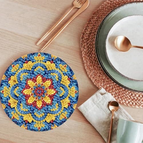 Diamond Painting Coasters Kit Mandala With Holder, DIY Mandala Diamond art Coasters Cork Wooden Pad Board Double Layer is Strong and Wear-Resistant for Beginners Adults Art Craft Supplies Gift 4X4IN - Thumbnail 6