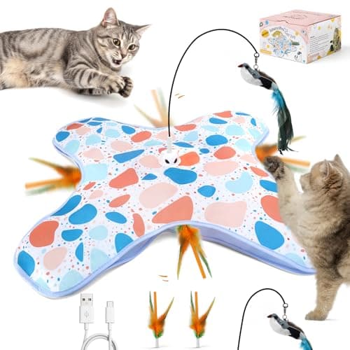 PETSWEET Interactive Cat Toys with Bird, Hide and Seek Cat Toy, 2 in 1 Automatic Moving Concealed Feathers for Indoor Cats, Non-Slip Suction, Touch Activated, USB Rechargeable, Blue
