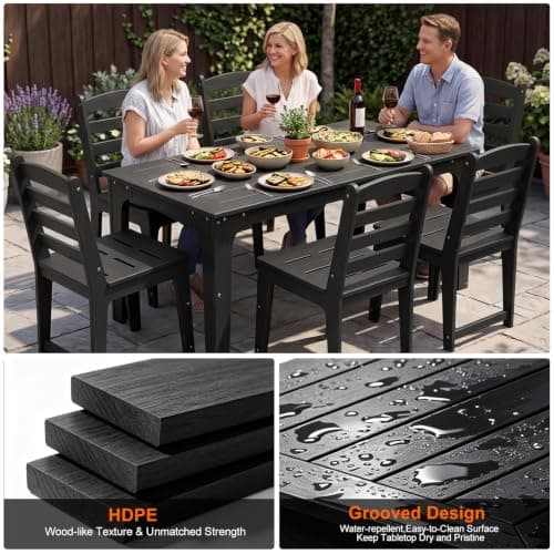 ACUEL HDPE Patio Dining Set for 6, Weather-Resistant Outdoor Table with Umbrella Hole, Never Sagging One-Piece Tabletop with Metal Support Bars for Poolside Backyard Garden (Black) - Thumbnail 6