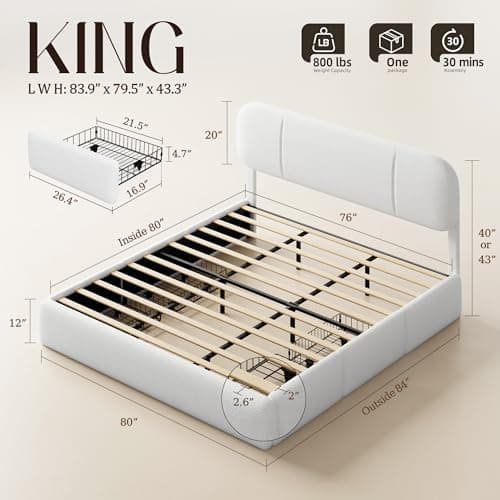 Uteeran King Size Bed Frame with Storage, Boucle Cloud Bed with 4 Locking Drawers & LED Lights, Modern Upholstered Platform Bed, Plush Sides & Footboard, Adjustable Headboard, No Box Spring, White - Thumbnail 2