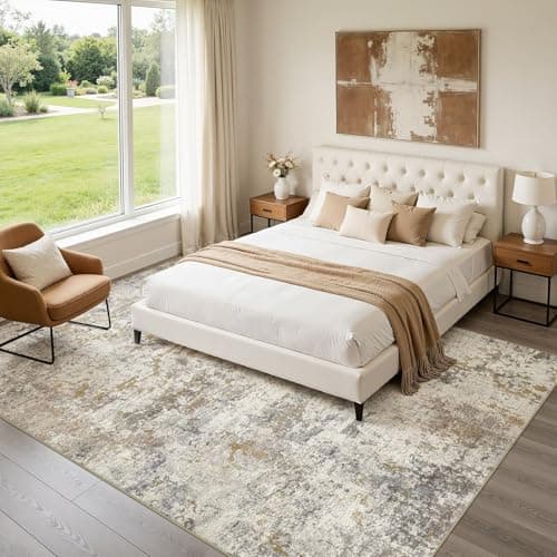 kakania 8x10 Washable Area Rug: Abstract Modern Non Slip Soft Low Pile Carpet, Easy Clean Polyester Kid Pet Friendly, Thin Rug for Living Room Bedroom Kids Dorm Office, Robot Vacuum - Brown Gold - Thumbnail 3