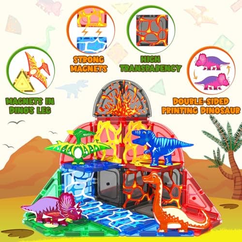 Coodoo Dinosaur Toys Magnetic Tiles Lava Dinosaur World Set - Magnetic Blocks Building for Kids 3-5 5-7 Girls Boys Toy Age 4-6 6-8, Classroom Must Haves Toddler Sensory for 3+ Year Old Kids Toys - Thumbnail 4