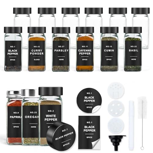 OMOZUN Spice Jars with Label, 12pcs 4oz Glass Spice Jars with Black Lids, Square Spice Containers with 152 Labels and Shaker Inserts, Empty Seasoning Bottles for Drawer, Cabinet, Seasoning Organizer - Image 1