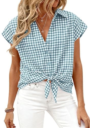 PRETTYGARDEN Womens Short Sleeve Shirts Plaid Button Down Blouse Dressy Casual 2026 Summer Spring Business Gingham Work Tops (Grey Blue,Small) - Image 1