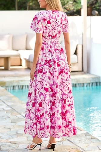 PRETTYGARDEN Women Summer Maxi Dresses 2026 Short Sleeve V Neck Button Floral Tiered Flowy Boho Sundress Beach Outfits(Floral White Rose Red,XX-Large) - Thumbnail 5