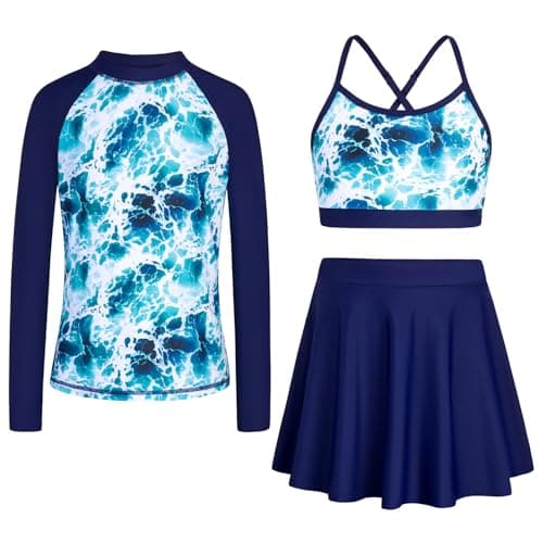 Seanrui Girls' Swimwear Long Sleeve Rash Guard for Teens Cute Bathing Suits with Skirt Dark Blue (9-10Y) - Image 1