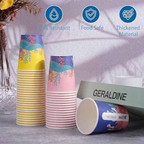 Biotakeware 100 Pcs 12oz Paper Cups for Kids, 4 Unique Ocean Theme Designs, Disposable Bulk Hot & Cold Drinking Coffee Cups for Birthday Parties, Holidays, Picnics, Travel and Special Events - Thumbnail 4