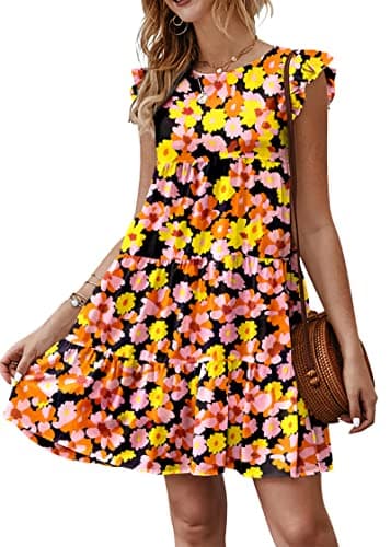 KIRUNDO Women's 2026 Spring Summer Dresses Sleeveless Bohemia Floral Print Ruffle Sleeve Round Neck Loose Short Flowy Pleated Tiered Mini Dress, Floral3- Black Orange Yellow, Large - Image 1