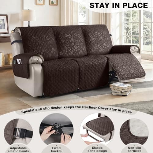 VANSOFY 100% Waterproof Recliner Sofa Covers, Couch Covers with Non-Slip Granule, 3-Piece Washable Reclining Sofa Cover with Pocket Furniture Protector for Kids, Pets（Chocolate,3 Seater） - Thumbnail 3