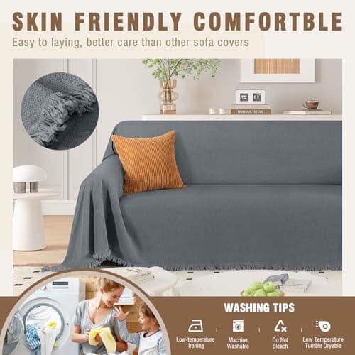 TAOCOCO Couch Covers for Pets Heavy Duty Couch Covers for 3 Cushion Couch Sectional Sofa Covers Durable Furniture Covers for Dogs, Kids, Washable Sofa Slipcovers with Tassels (91''x134'' Dark Grey) - Thumbnail 4