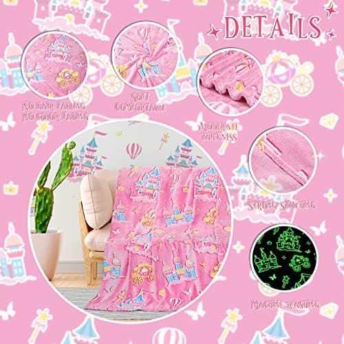 BORORO Glow in the Dark Princess Blanket for Girls Graduation, Princess Castle Gifts Toys for Girls, Pink Throw Blanket for Couch Bed Room Decor, Soft Fleece Plush Bedding for Kids Toddlers 50" x60“ - Thumbnail 5