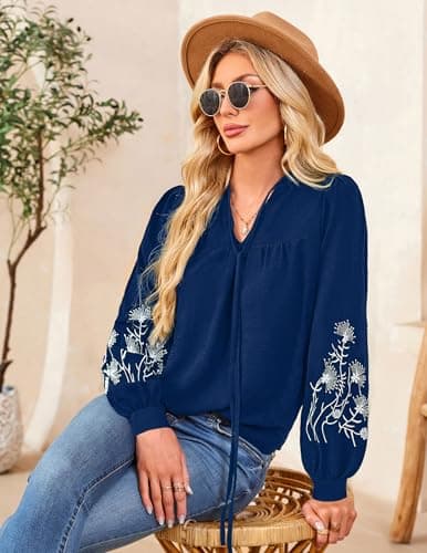 LOOKBOHO Boho Tops for Women Floral Embroidered Long Sleeve Peplum Blouses V Neck Tie Front Mexican Shirt Dressy Casual XL - Thumbnail 4