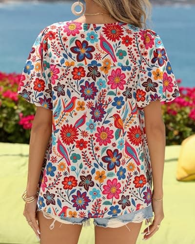 KIRUNDO Boho Tops for Women Summer 2026 Dressy Floral Blouse V Neck Drawstring Short Sleeve Shirts Beach Vacation Clothes(White Multicolored, X-Large) - Thumbnail 3