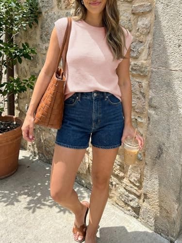 Saodimallsu Womens Short Sleeve Sweater Tops Summer Crewneck Lightweight Knit Casual Loose Sleeveless Sweater Vest Pink - Thumbnail 6