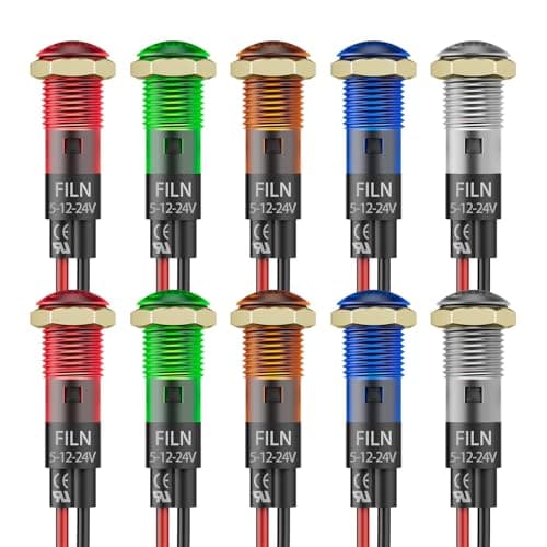 FILN 10PCS Small 12V LED Indicator Light, 8mm (5/16") IP67 Waterproof Low Power Pilot Lights Panel Mount for Car, Truck, Boat, Marine, Dash(5v-24v, Red/Green/Yellow/Blue/White Each 2PCS) - Image 1