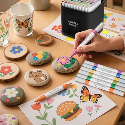 WELLOKB Acrylic Paint Markers, 80 Acrylic Markers Dual Tip Paint Pens for Fabric, Painting Rocks, Wood, Glass, Coloring Books, Ceramic, DIY Crafts Art Supplies for Adults - Thumbnail 3