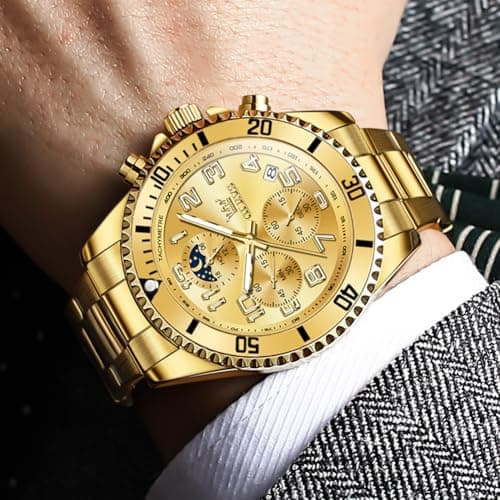 OLEVS Gold Watches for Men Luxury Business Casual Mens Wrist Watch Waterproof Stainless Steel Band Quartz Watch for Men with Day Date - Thumbnail 4