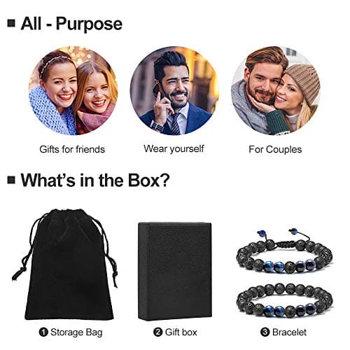 M MOOHAM Natural Bead Bracelet - Gem Semi Precious Stone Round Bead Black Lava Rock Blue Tiger Eye Beads Bracelet Adjustable Bracelets Birthday Gifts for Men - Thumbnail 2