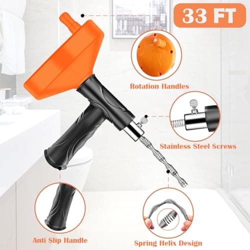 Drain Snake Auger（33 Feet）, Plumbing Snake Drain Hair Clog Removal Tool, Heavy Duty Snake Auger, Sink Unclogger Drain Cleaner Tool for Bathroom Kitchen Tub Shower Drain Clog Remover with Gloves - Thumbnail 6