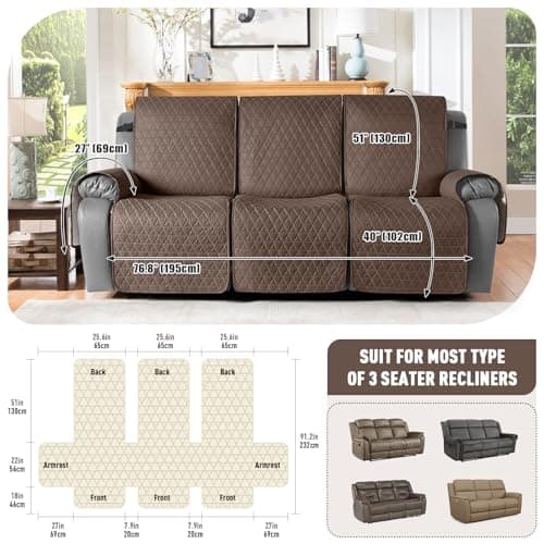 TAOCOCO 100% Waterproof Recliner Couch Covers, Non Slip Recliner Covers that Stay in Place, One-Piece Washable Reclining Sofa Cover for 3 Seater with Elastic Straps, Brown - Thumbnail 3