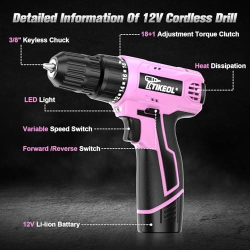 TIKEOL 12V Cordless Drill Set with Battery & Charger, Electric Power Drill with Pure Copper Motor, 180 In-lbs Torque, 18+1 Clutch, 3/8" Keyless Chuck, LED Light, Drill Kit for Home Repair, DIY(Pink) - Thumbnail 2