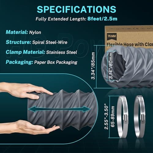 HG Power 3 Inch Duct Hose, 3" X 8FT Flexible Nylon Duct, Diesel Heater Hose Air Ducting with 2 Clamps for HVAC Ventilation (Grey) - Thumbnail 5
