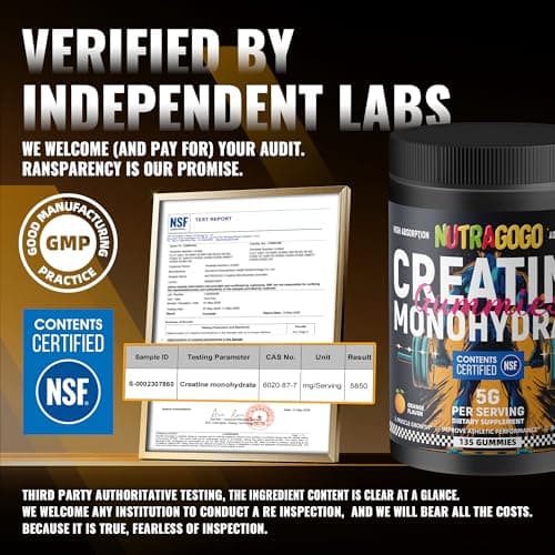 NUTRAGOGO NSF Certified Creatine Gummy - Creatine Monohydrate Gummies for Men & Women-5g of Creatine Monohydrate per Serving - Sugar Free,Vegan, Organe Electrolyte Chews, 135 Count - Thumbnail 2