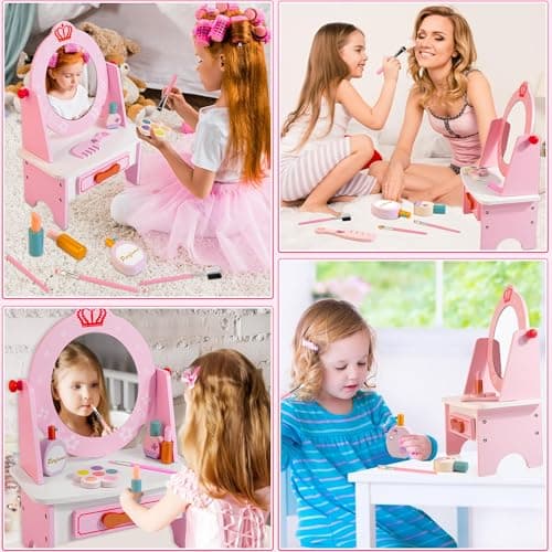 Wooden Vanity Set for Kids, Pretend Play Toddler Makeup Vanity with Acrylic Mirror, Beauty Salon Play Set for Little Girls Age 3+, Toys Gifts Includes Makeup Accessories and Bonus Stickers - Thumbnail 4