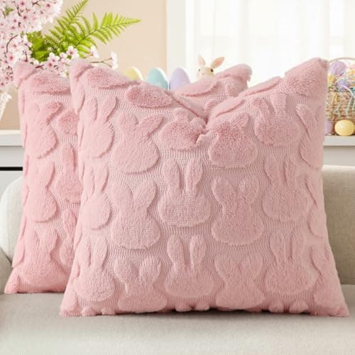 decorUhome Easter Bunny Pillow Covers 18x18 Inch Set of 2, Soft Plush Faux Wool Jacquard Pink Rabbit Cushion Covers, Farmhouse Neutral Spring Easter Holiday Decor for Couch Sofa Bed - Image 1