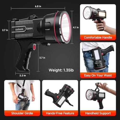 anlook Rechargeable Spotlight Flashlight, Super Bright Handheld Spot Light with COB Light & Foldable Stand, Waterproof Long Lasting Hand Held Searchlight Spotlight for Boating Camping Hunting Fishing - Thumbnail 2