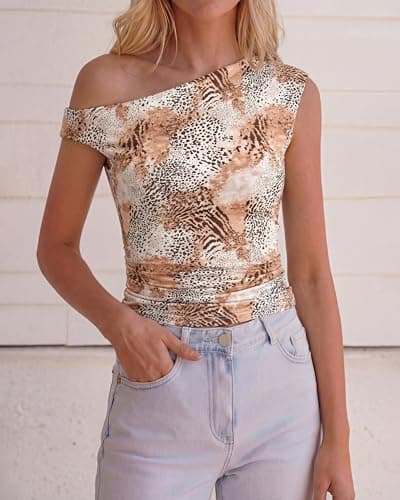 NOLLSOM Spring Tops for Women Trendy Off The Shoulder Top Going Out T Shirts Casual Floral Blouses Summer Outfits 2026(Brown Leopard,XX-Large) - Thumbnail 5