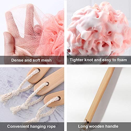 RASDDER Pink Loofah with Handle - Cute Back Scrubber & Exfoliating Shower Sponge, Soft Mesh Luffa on Wooden Stick, Bath Brush for Women and Girls - Thumbnail 5