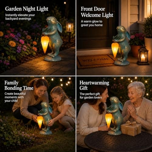 PETAFLOP Cute Garden Decor Bunny Statue with Solar Carrot, Outdoor Rabbit Figurines for Patio Balcony Lawn Porch Yard Decorations, Birthday Housewarming Gifts for Father Women Mom Grandma - Thumbnail 5