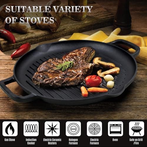 Cast Iron Grill Pan, 12.6 inch Griddle Pan with Dual Handles, Pre-Seasoned Heavy-Duty Cast Iron Skillet for Stovetop, Oven, Indoor & Outdoor BBQ Use - Thumbnail 3
