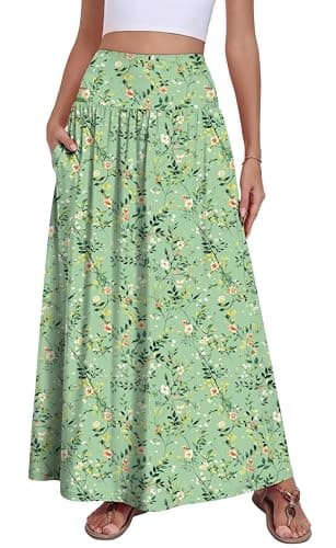 QUEZHU Maxi Skirts for Women with Pockets Long Floral Casual Skirt for Beach Party Holiday,Ju Bai Green,X-Large - Image 1