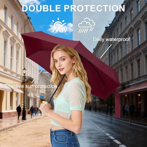 Mini Umbrella with Case for Travel Small Compact Lightweight Wine Red - Thumbnail 6