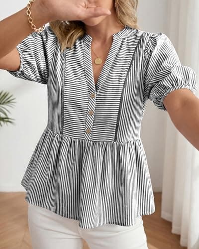 dowerme Womens Summer Tops 2026 Fashion Lantern Short Sleeve V Neck Button Peplum Shirts Spring Stripes Babydoll Blouses(Black,XX-Large) - Thumbnail 6
