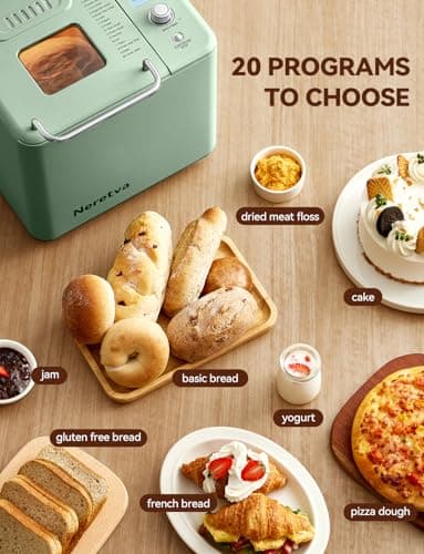 Neretva Bread Maker, 20-in-1 2LB Bread Machine Dual Heater & Nonstick Ceramic Pan Bread Makers Machine All Metal Compact for Gluten Free/Dough Maker/Meat Floss/Jam/Yogurt/Breadmaker Recipe-Light Green - Thumbnail 2