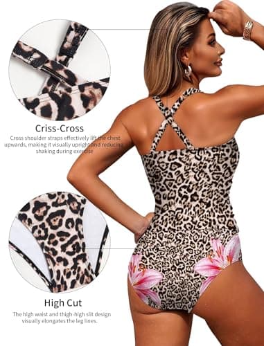 ZAFUL Women's Tankini Swimsuits Tummy Control Two Piece Swimsuit Ruched Tankini Bathing Suits Swimwear Leopard 2XL - Thumbnail 5