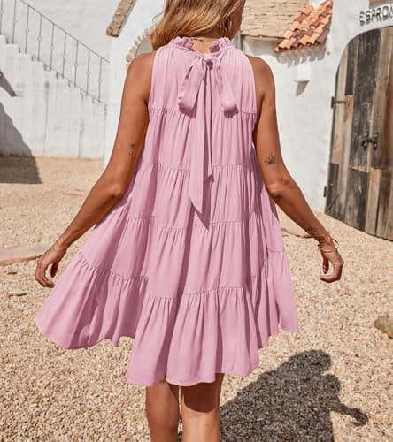Okiwam Womens Summer Halter Dresses Sleeveless A Line Tiered Swing Mini 2025 Fall Casual Boho Beach Vacation Sundress-XL Pink - Thumbnail 4