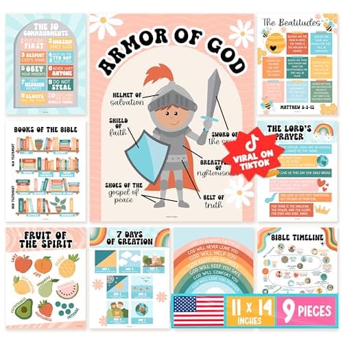 Hadley Designs Sunday School Decorations for Classroom – 9 Bible Posters for Kids, 11x14in Books of the Bible Poster, 10 Commandments, Fruits of the Spirit & More – Retro Christian Classroom Decor - Image 1