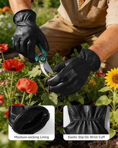 OZERO Leather Garden Gloves: Soft Breathable Deerskin Gloves (Black, L) - Thumbnail 6