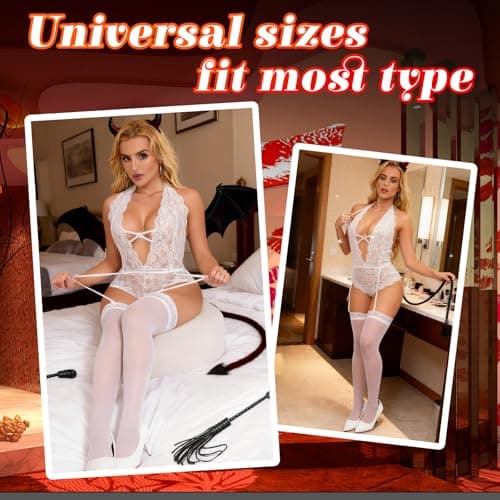 424 Women's Crotchless Lingerie Set Outfits Lace Bodysuit with Garter Belt Stockings Naughty Tedddy One Size fits most - Thumbnail 4