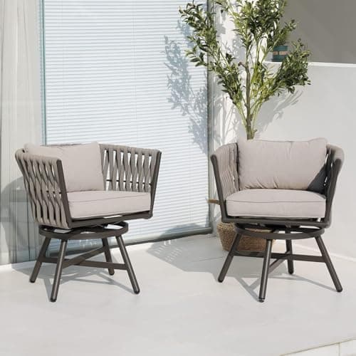 Grand patio Swivel Rope Wicker Chairs Set of 2, Patio Dining Chairs with Cushions, Wicker Armchairs Frame, Outdoor Modern Style for Backyard, Balcony, Quinn, Light Gray Brown - Thumbnail 3