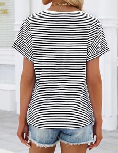 Short Sleeve Shirts for Women Summer Striped Henley Tops Dolman Short Sleeve Casual V Neck T Shirts Trendy 2026 Button Front Dressy Blouses (Black, Large) - Thumbnail 5
