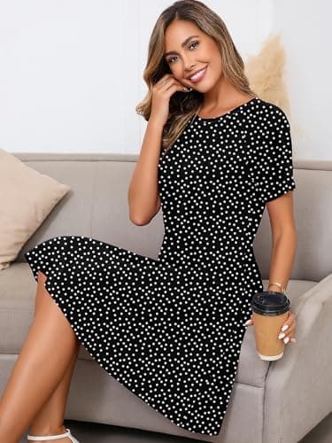 Heymoments Women Short Sleeve Dress Floral Print Medium Crew Neck Casual Flowy Cute Below Knee Sundress Comfy Shirt Teachers Summer Travel 2025 Novelty Boho Dresses with Pockets - Thumbnail 2