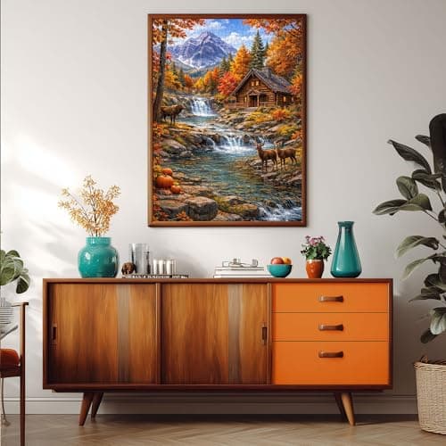 Teemosreal Puzzles for Adults 1000 Pieces, Autumn Mountain Cabin Jigsaw Puzzle, Scenic Fall Forest Waterfall & Deer Colorful Nature Landscape Puzzle with Poster, Challenging Puzzles for Game Night - Thumbnail 5